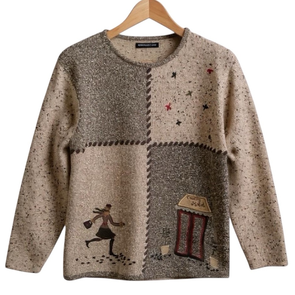 Vintage TanJay Women’s Large Brown Embroidered Knit Pullover Sweater 90s Y2K